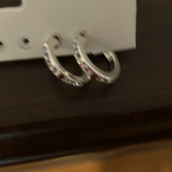 Silver circle earrings with faux diamond accents and faux Ruby. - Picture 4 of 4